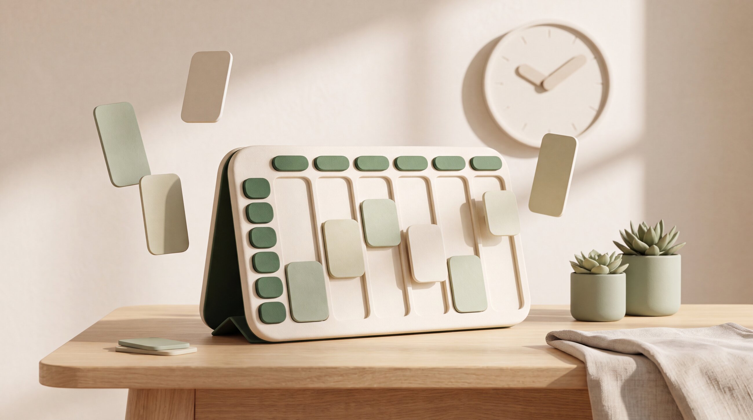 A tactile model of a week's schedule: a cream board with green shift chips, next to a wall clock