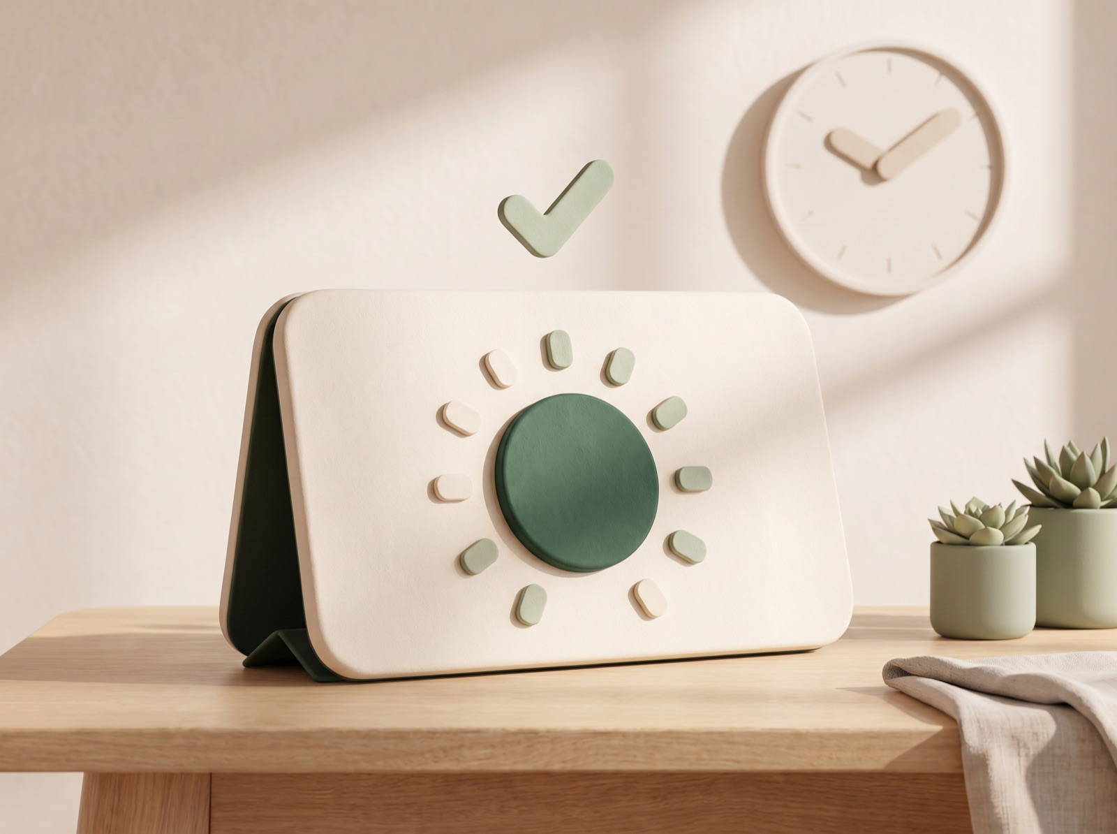 A clay time-clock kiosk with a large green clock-in button and a floating checkmark